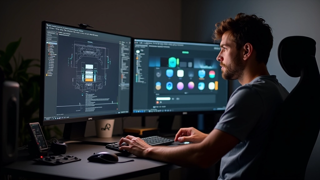 Espacio de trabajo de diseñador con múltiples monitores mostrando software de diseño y 3D, escritorio profesional con teclado mecánico y ratón, iluminación de estudio