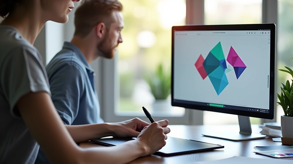 Diseñador trabajando en transformaciones visuales de formas geométricas en tableta digitalizadora con stylus