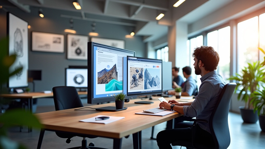 Estudio de diseño moderno con software de transformaciones visuales en monitores