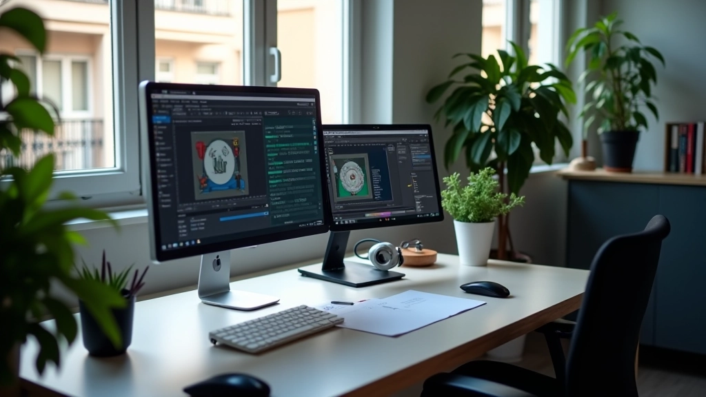 Escritorio de diseñador con múltiples monitores mostrando diferentes interfaces de software de animación y transformación visual