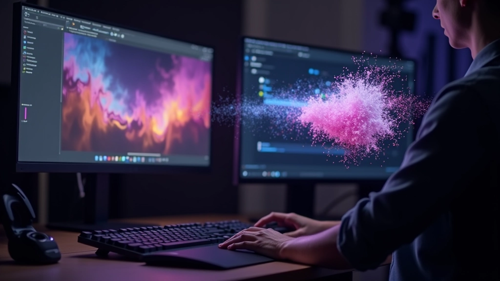 Pantalla de computadora mostrando interfaz de After Effects con efectos de partículas animadas en tiempo real