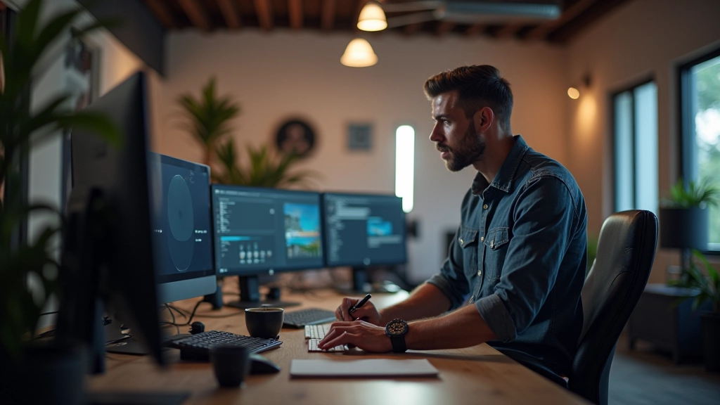 Estudio creativo moderno con equipos de producción audiovisual y pantallas de trabajo