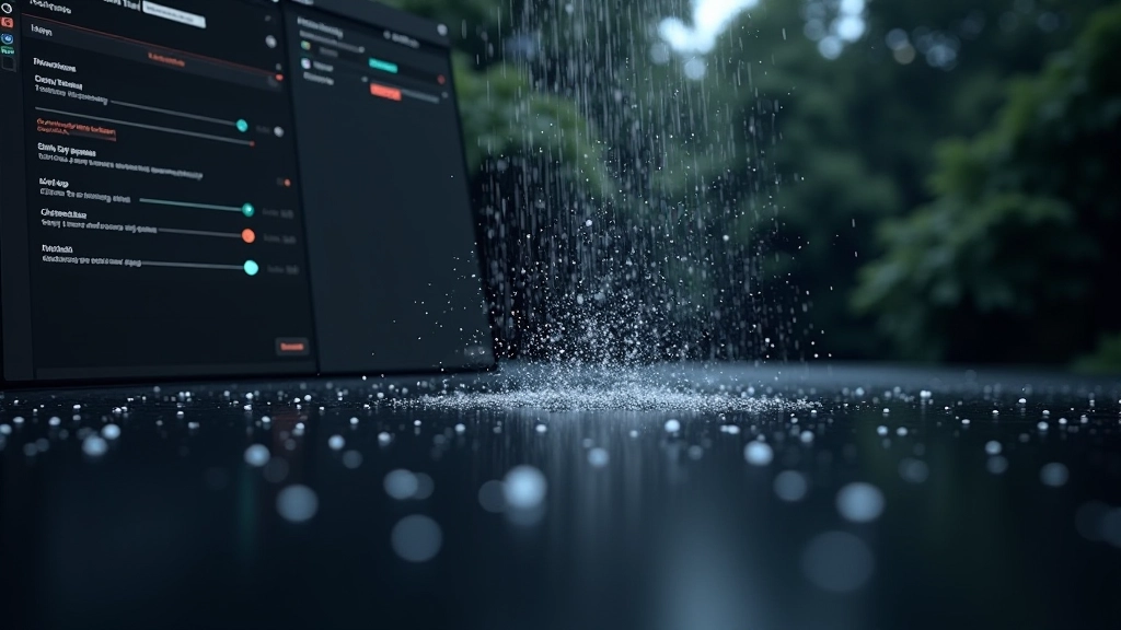 Interfaz de Particular mostrando panel de emisores y propiedades de partículas con vista previa de lluvia animada